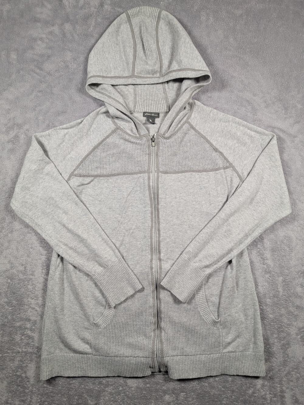Eddie Bauer Sweater Womens XL Gray Knit Full Zip Hooded Outdoor Comfy